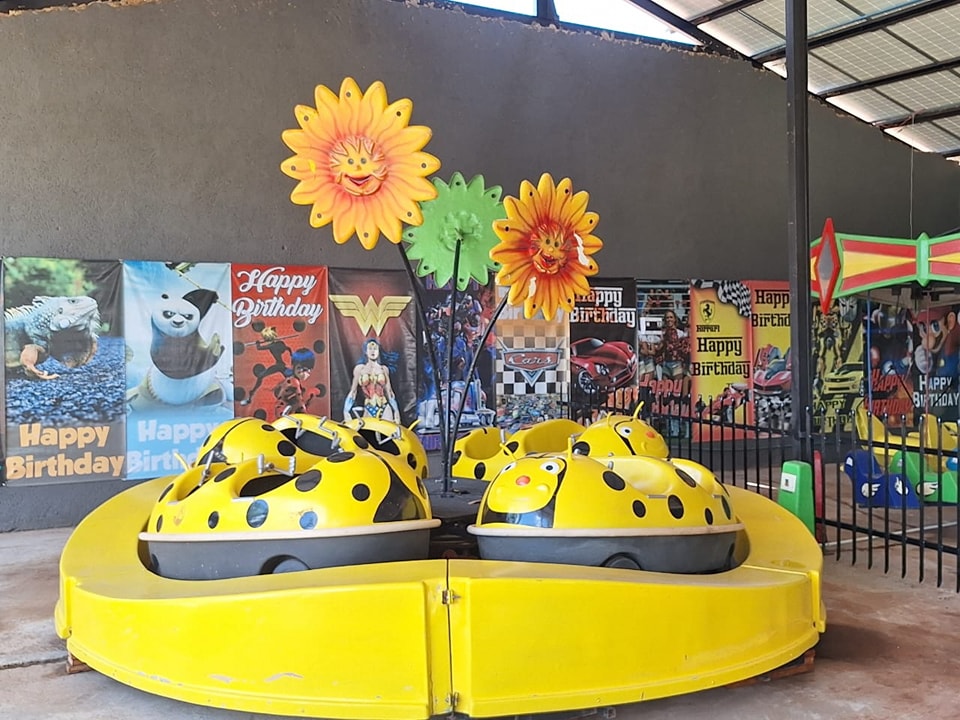 Indoor kids' ladybird ride under a roof, with birthday banners behind