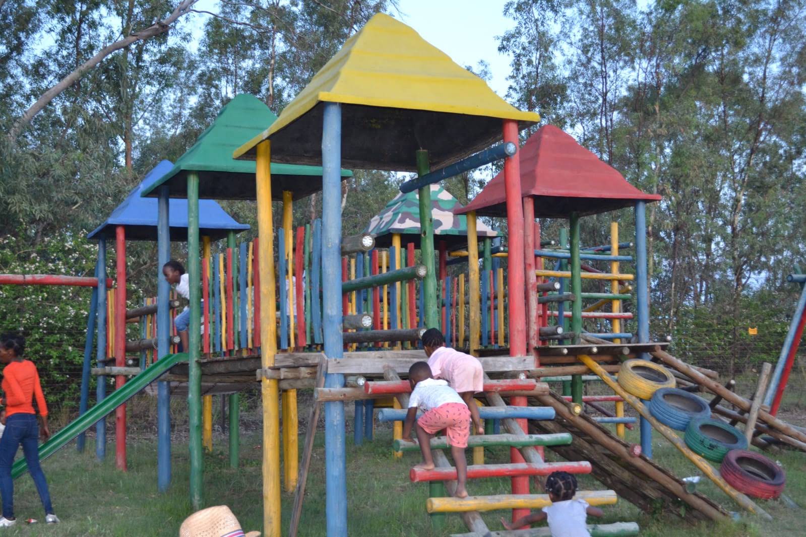 Children climbing a colourful wooden playground with slides and tyre ramps